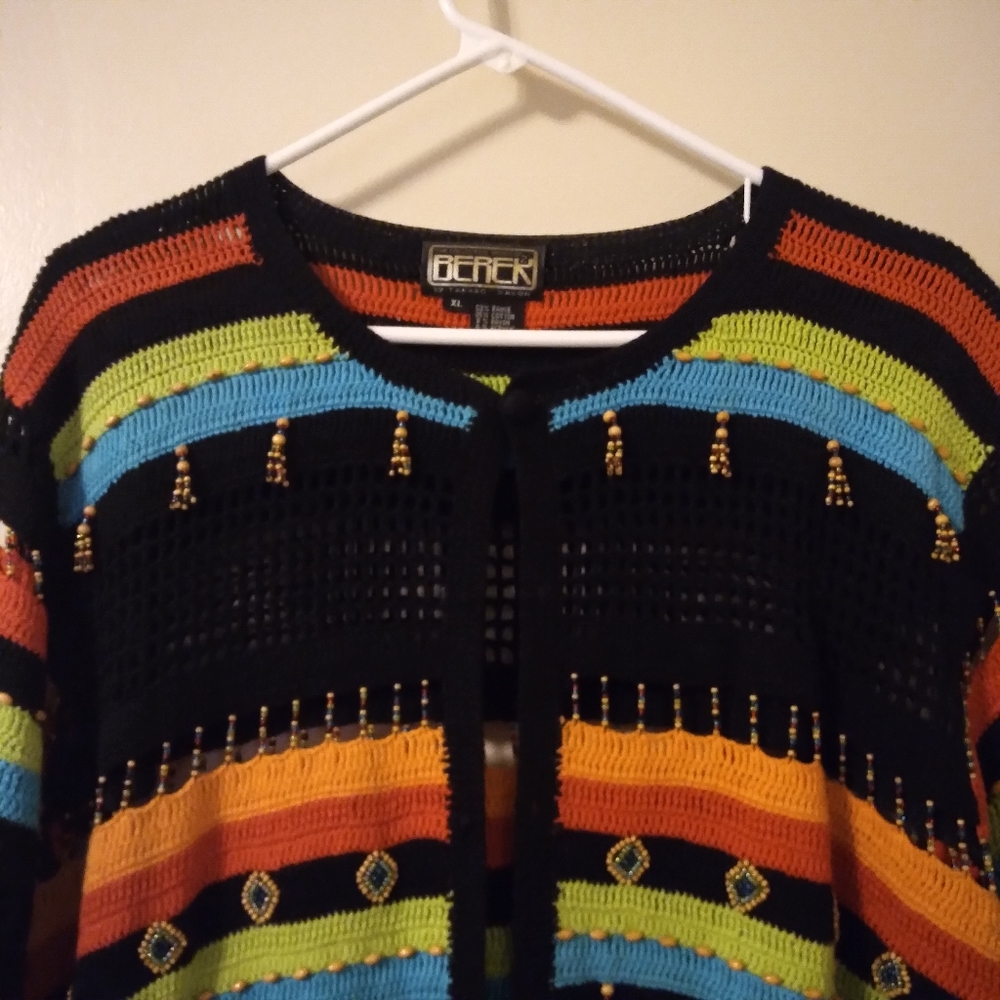 Vintage Berek Beaded Crochet Boho Aztec Cardigan, XL